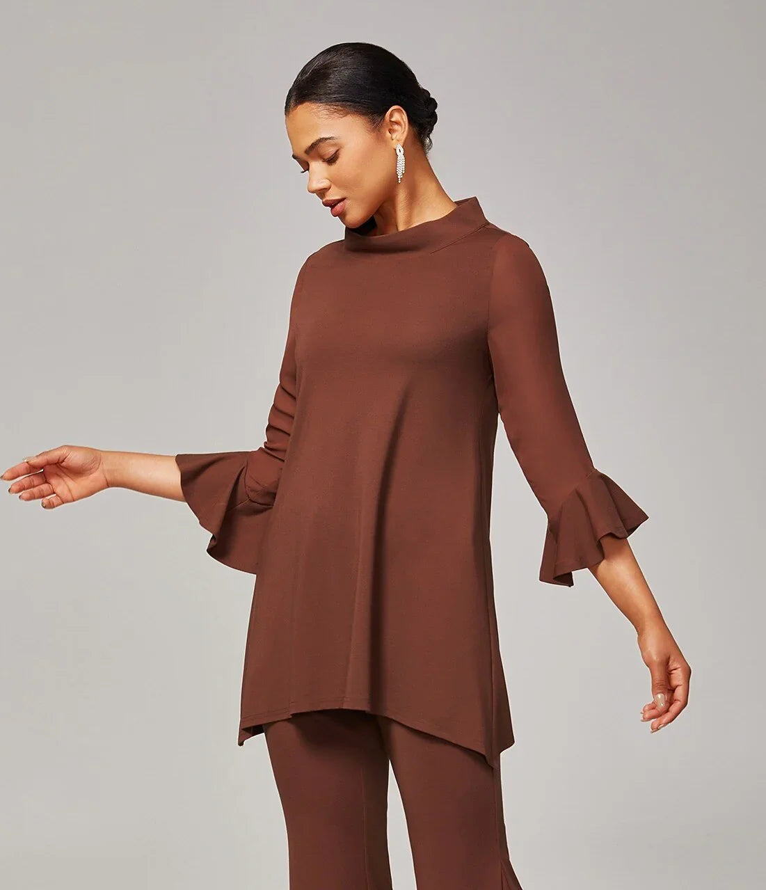Elegant Coffee Brown Sheer Sleeves Top