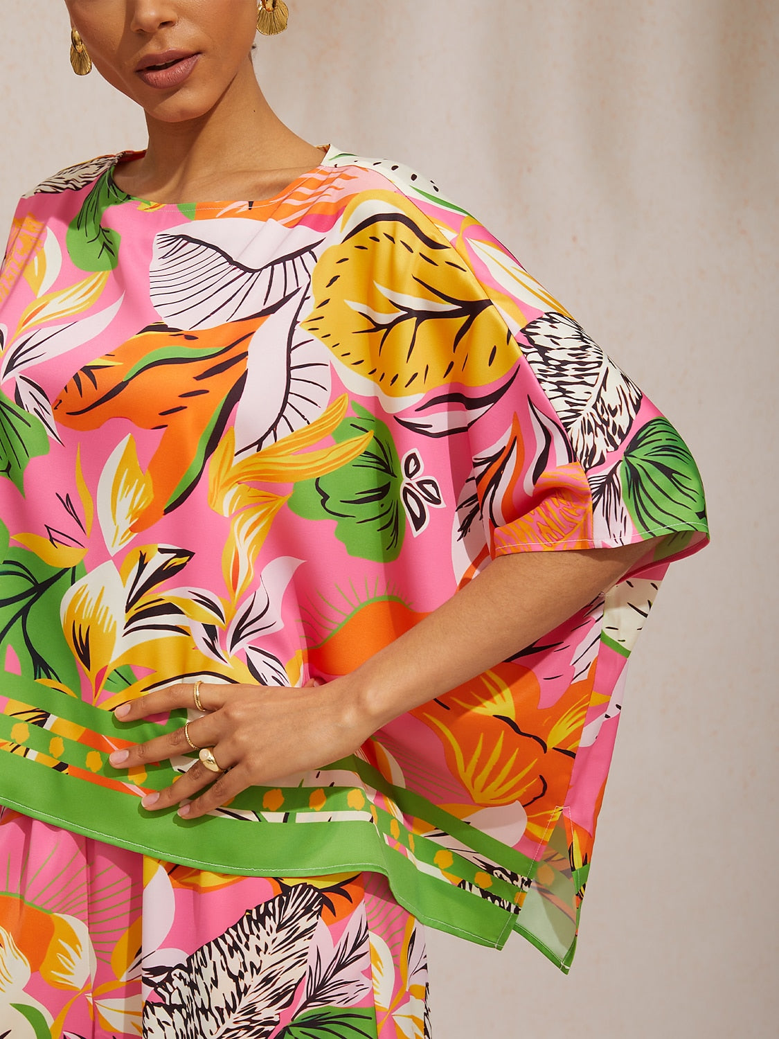 Wild Hibiscus Dream Silky Satin Dolman Sleeve Batwing Top