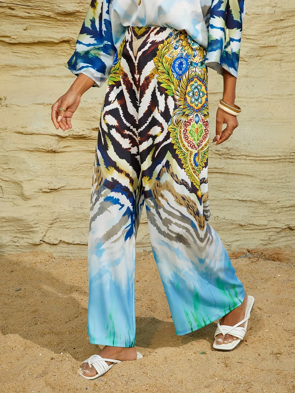 Gradient Tiger  Silky Satin Elastic Pants