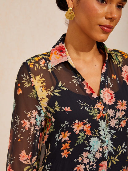 Moonlight Blossom Chiffon Shirt Dress