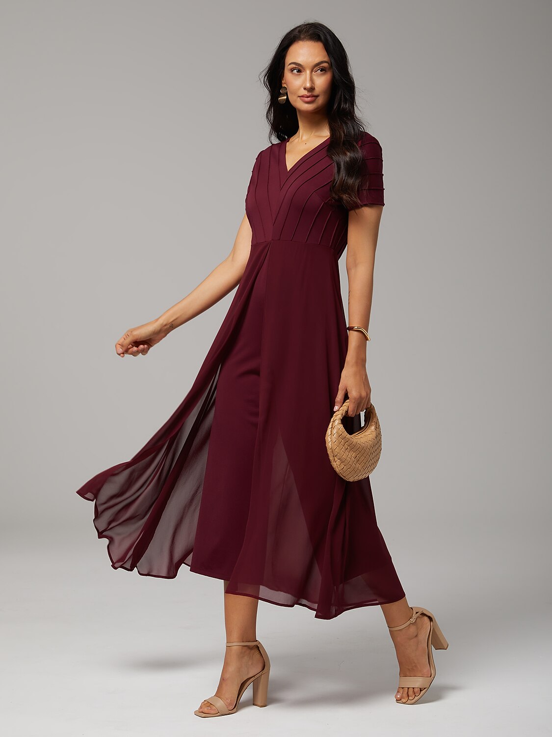 Paneled Design Faux Flowy Sheer Stretch Fabric Jumpsuit