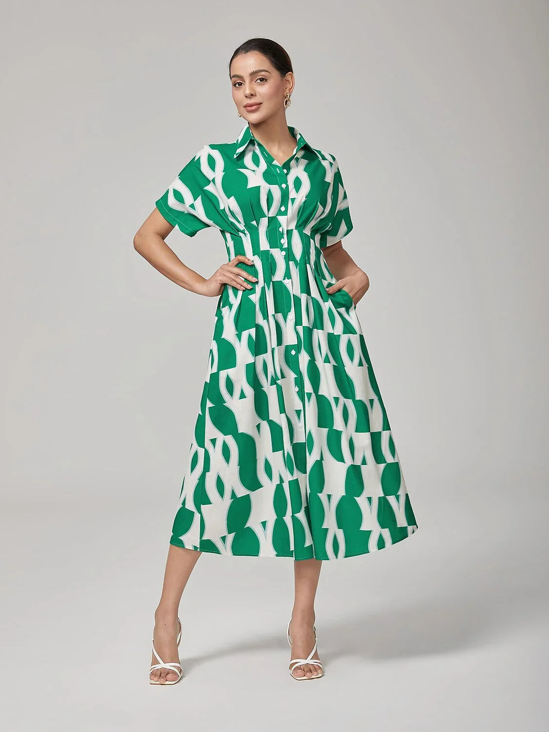 Vintage Green Geometric Pleated Shirt Dress
