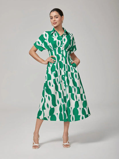 Vintage Green Geometric Pleated Shirt Dress