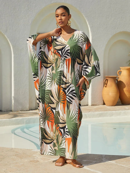 Vacation Tropical Botanical Print Dolman Sleeve Satin Maxi Dress