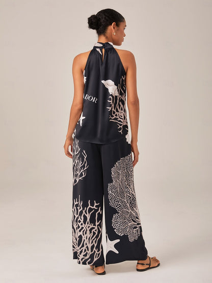 Vacation Style Ocean Print Satin Sleeveless Set