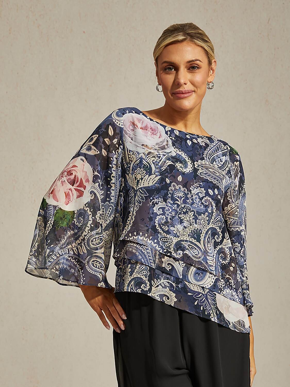 Green Paisley Botanical Print Layered Chiffon Blouse