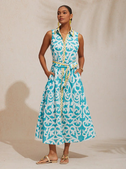 St Barth Blooms Airy Linen Look Blue Shirt Dress