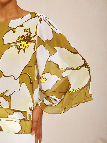 Golden Petal Glow Layered Chiffon Blouse