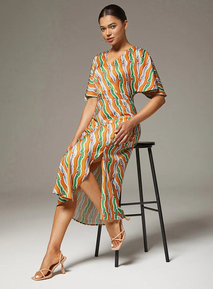 V-Neck Side Slit Ripple Print Dress