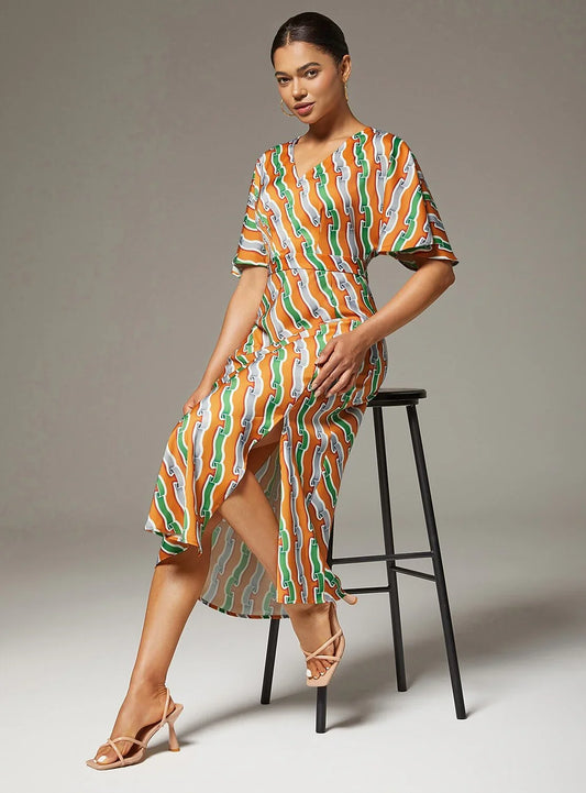 V-Neck Side Slit Ripple Print Dress