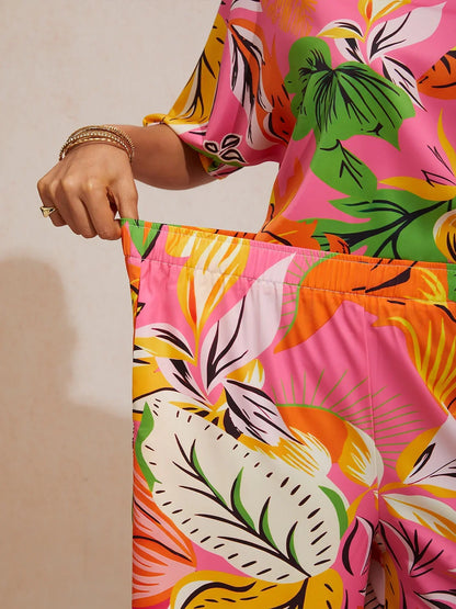 Summer Night Palm Silky Satin Wide Leg Pants