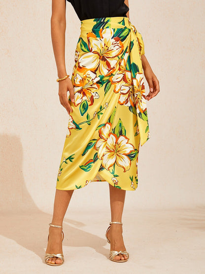 Lime Magnolia Glow Silky Satin Wrap Skirt