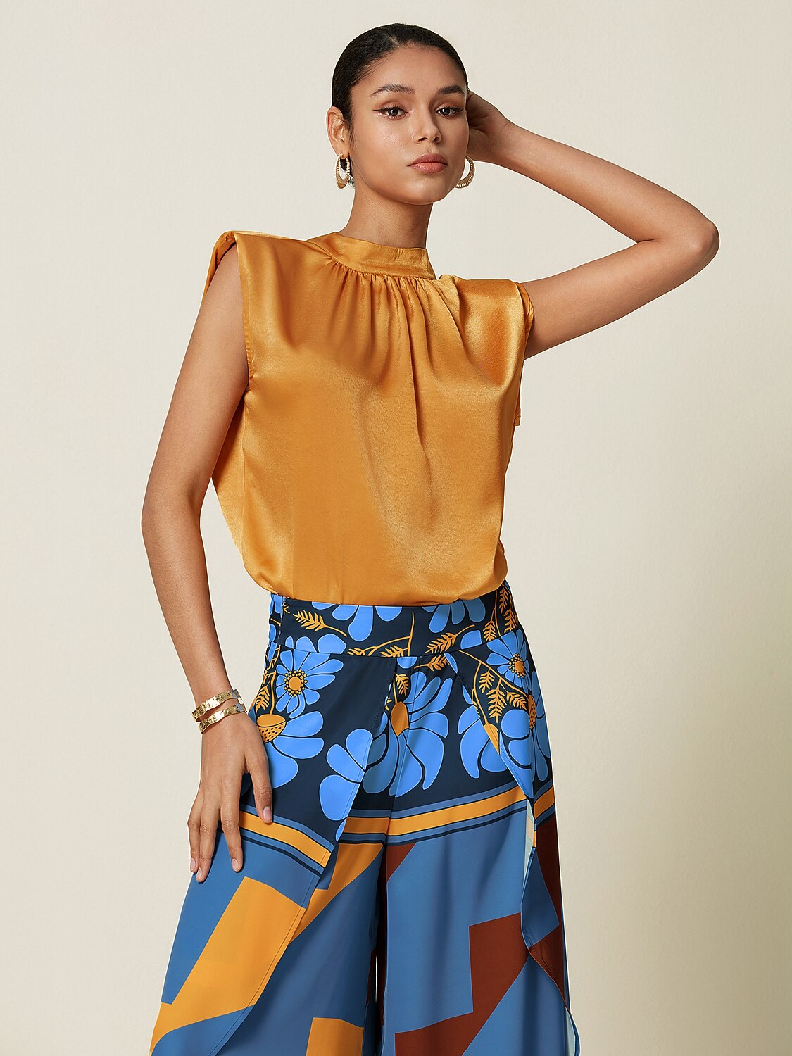 Hawaii Palm Silky Satin Sleeveless Top