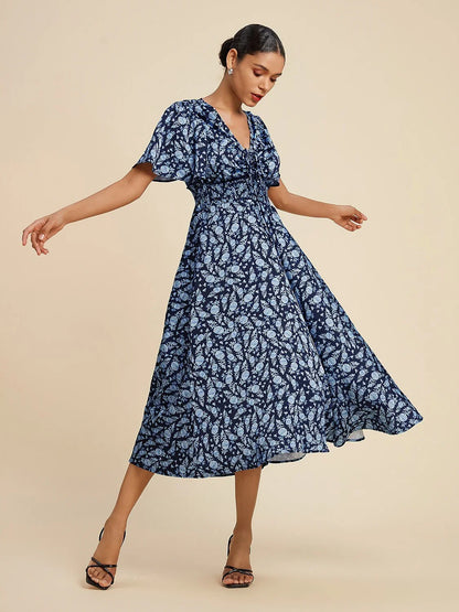 Satin Floral Print Smocked Waist Midi Dress