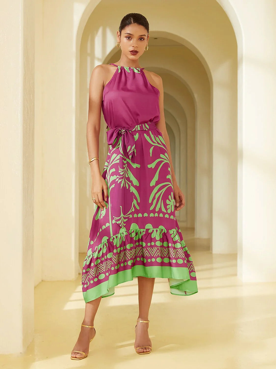 Satin Vacation Style Geometric Pattern Sleeveless Midi Dress