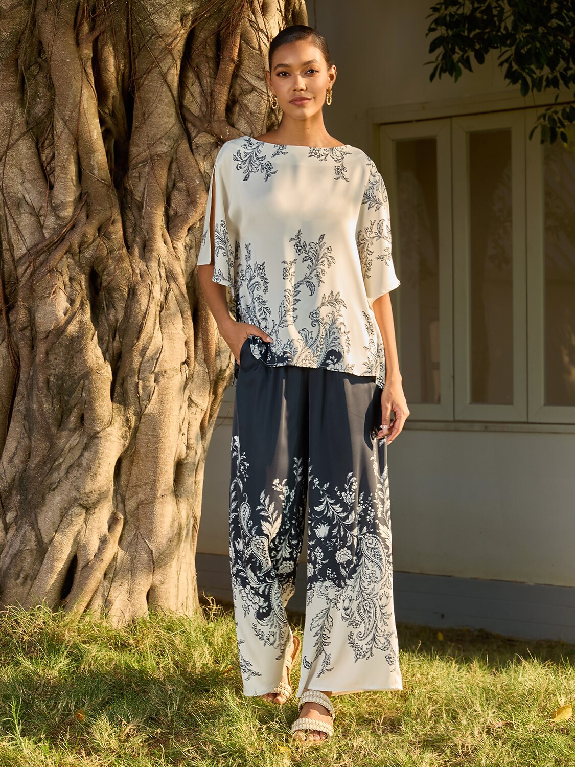 Artistic Graphic Silky Satin Wide Leg Pants