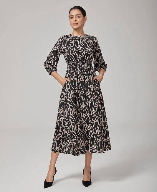 Abstract Print Cinched Midi Dress