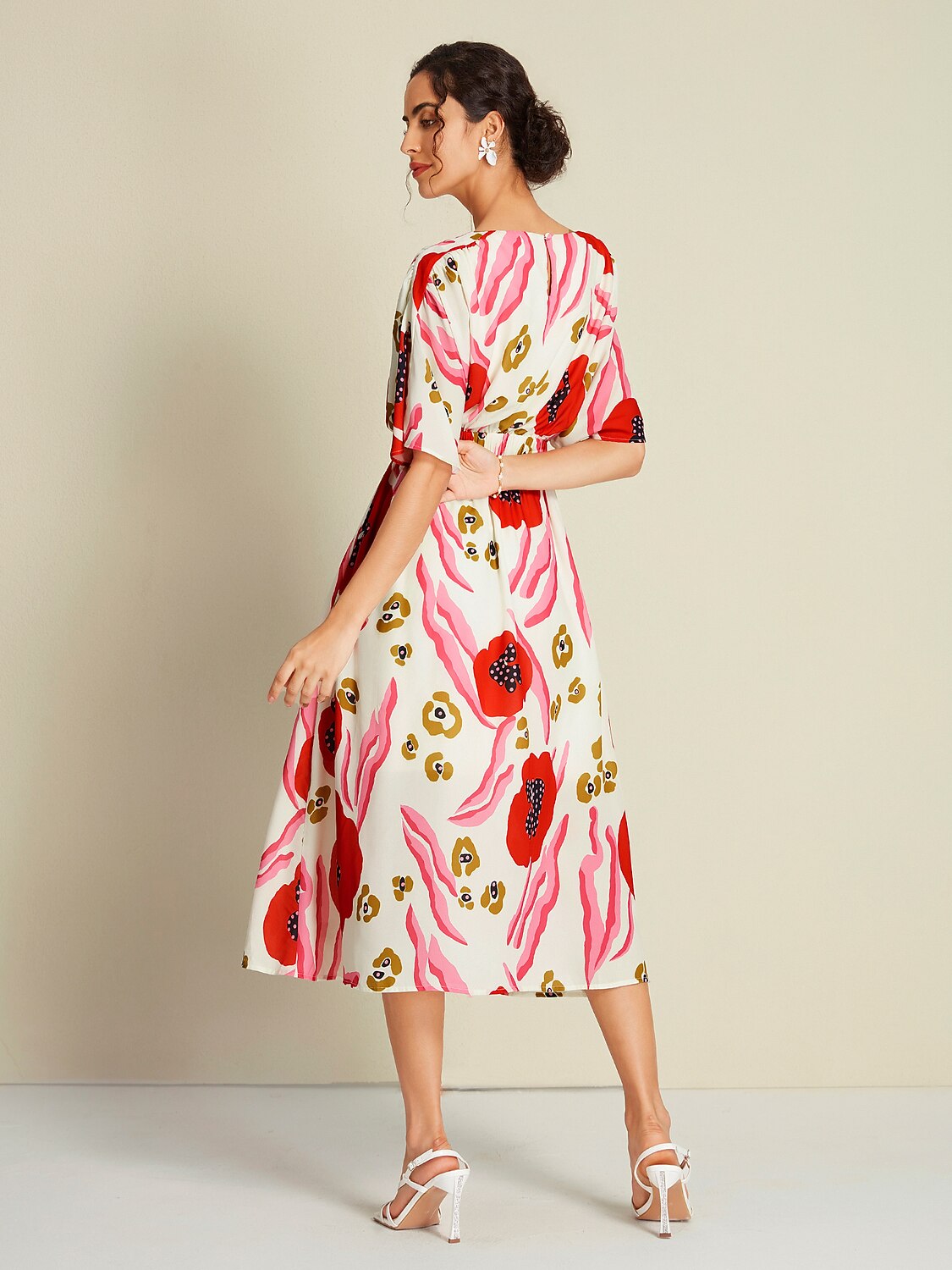 Floral Elastic Waist Half Sleeve Midi Dress