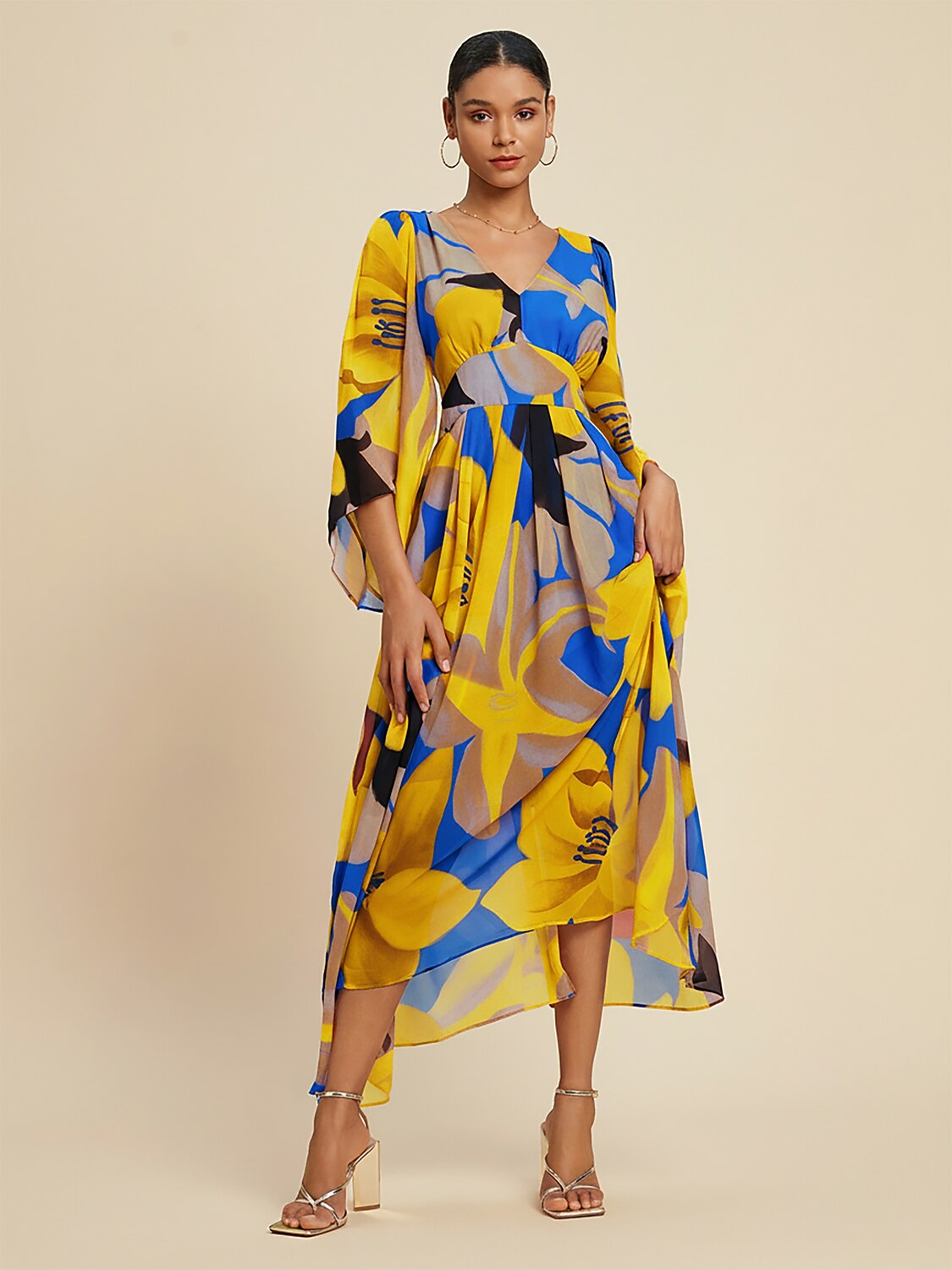 Abstract Floral Print Chiffon Maxi Dress