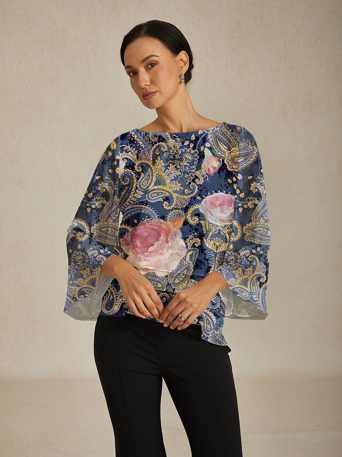 Green Paisley Botanical Print Layered Chiffon Blouse