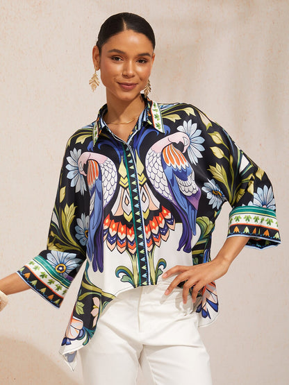 Skyline Paisley Flora Silky Satin Dolman Sleeve Top