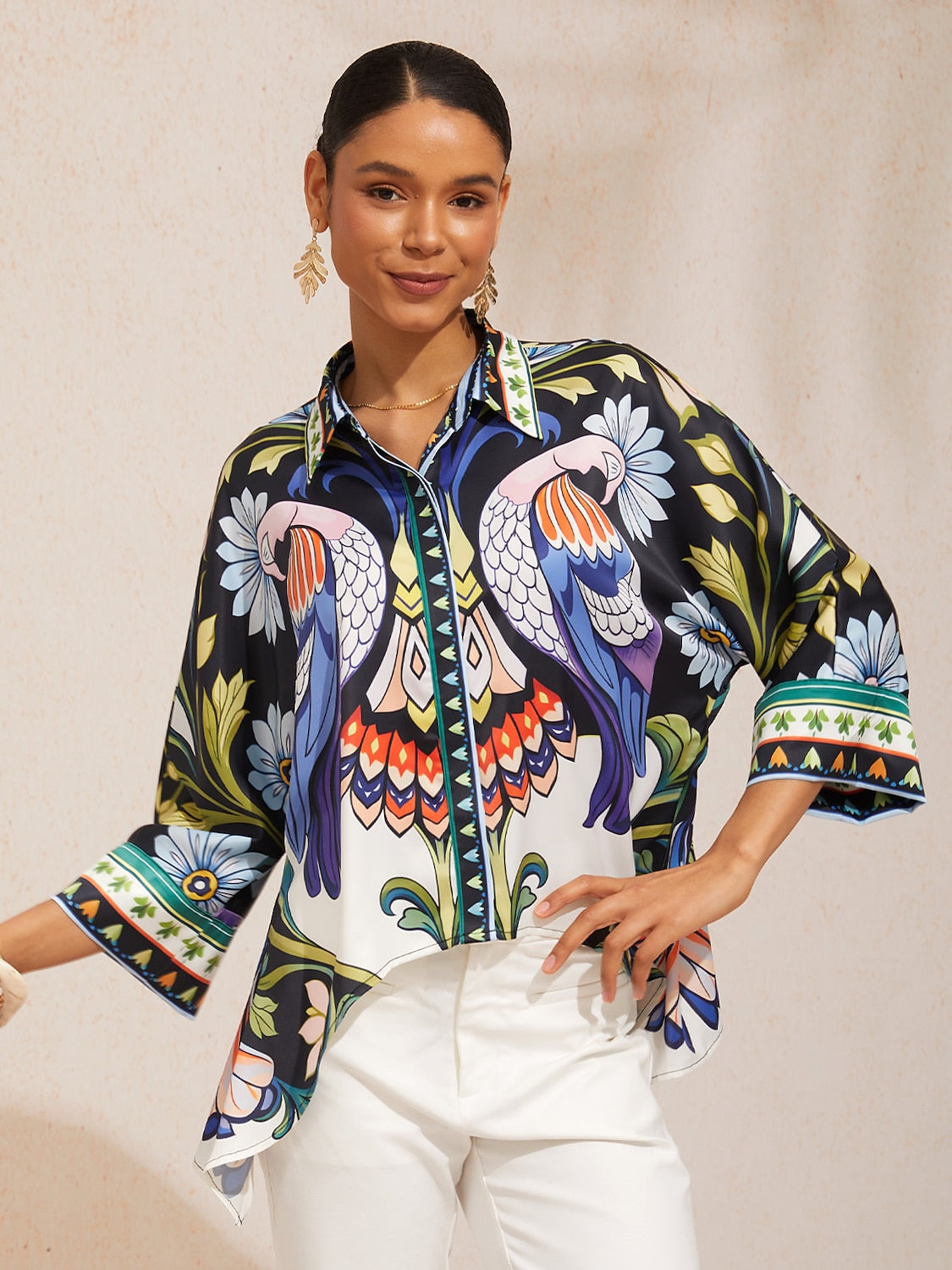 Mallorca Blossom Silky Satin Dolman Sleeve Button Down Shirt