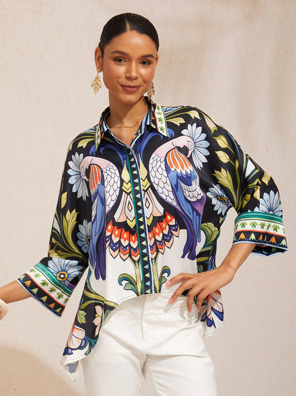 Pastel Floral Garden Satin Dolman Sleeve Button Down Shirt