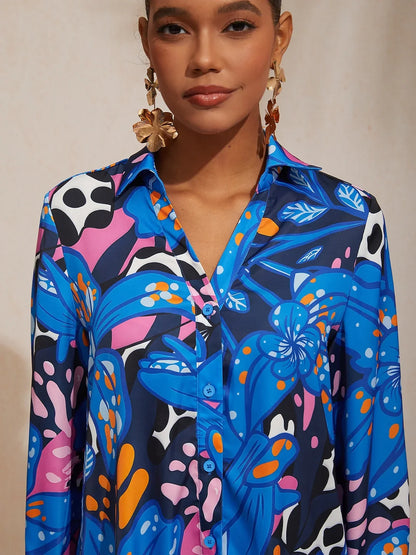 Abstract Azure Silky Satin Dot Shirt Dress