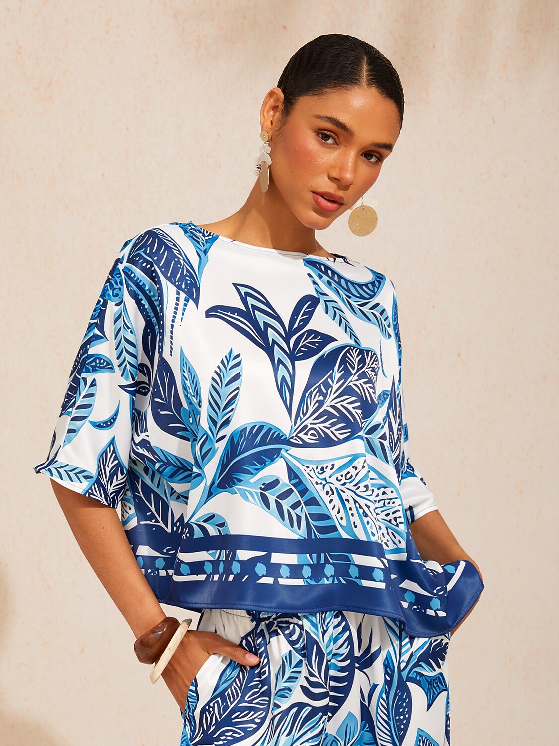 Azure Leaves  Silky Satin Dolman Top
