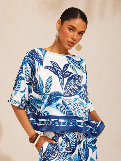 Azure Leaves  Silky Satin Dolman Top