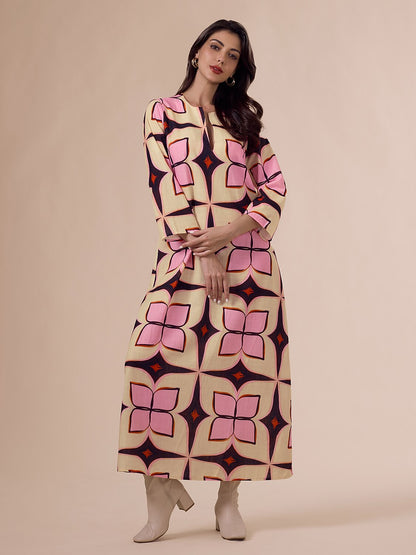 Geometric Print Notched Collar Maxi Dress