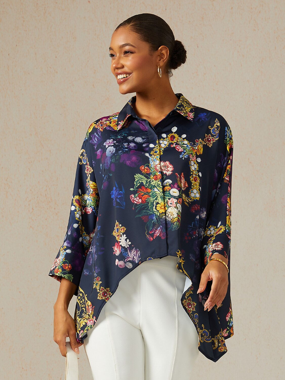 Midnight Jewel Bloom Silky Satin Oversized Shirt