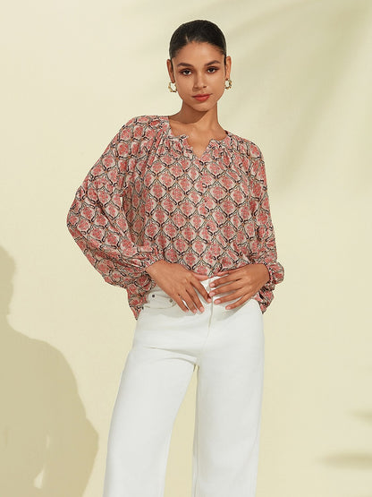 Blusa Casual de Gasa con Mangas Abullonadas Geométricas