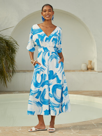 Satin Blue Brushstroke Print Maxi Dress Casual Vacation Travel