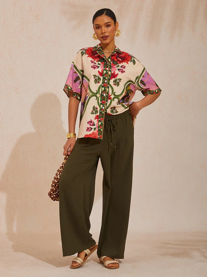 Hawaii Palm Airy Linen Look Floral Shirt