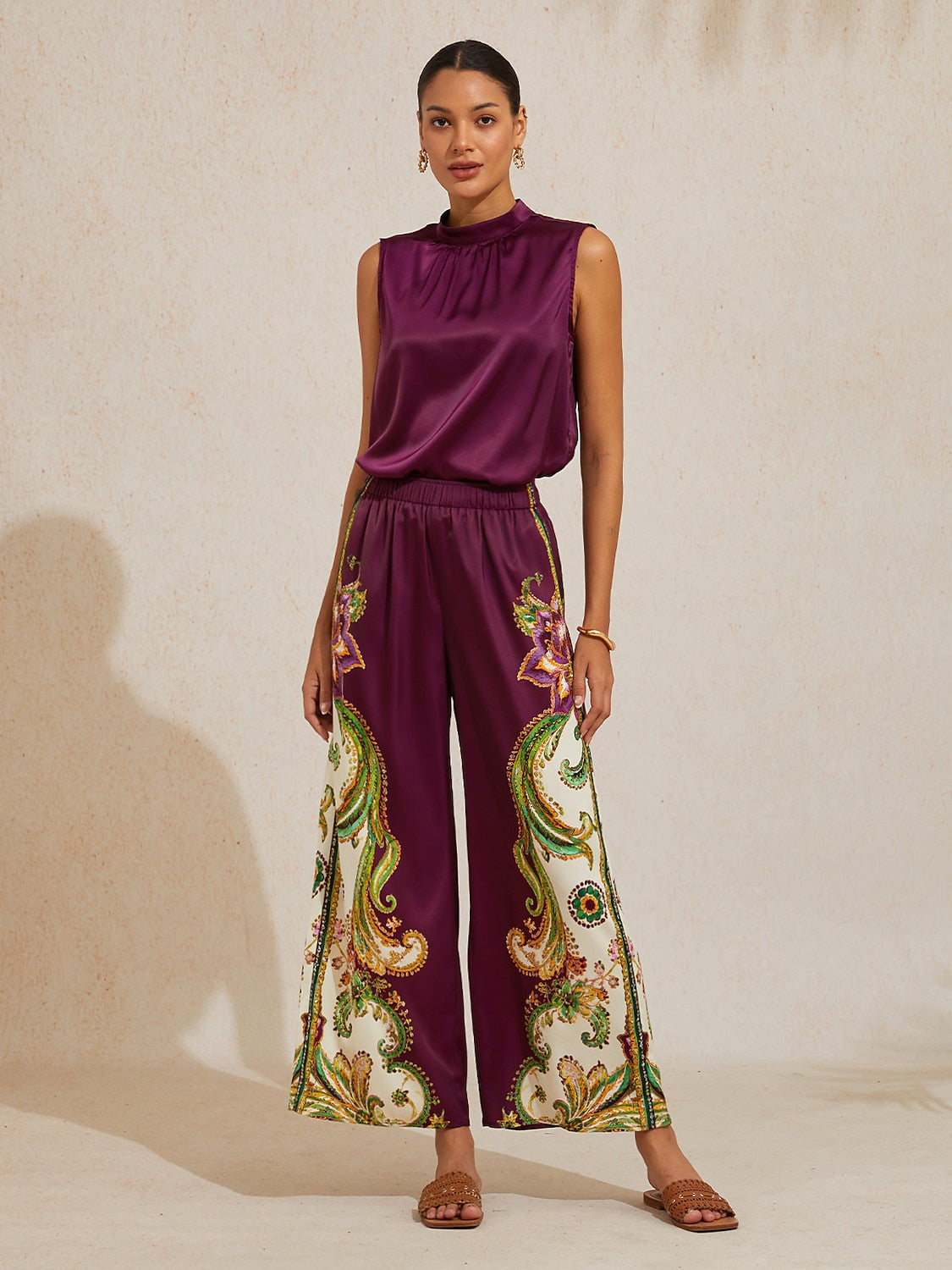 Burgundy Paisley Silky Satin Wide Leg Pants