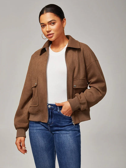 Brown Faux Suede Lapel Collar Zip Jacket
