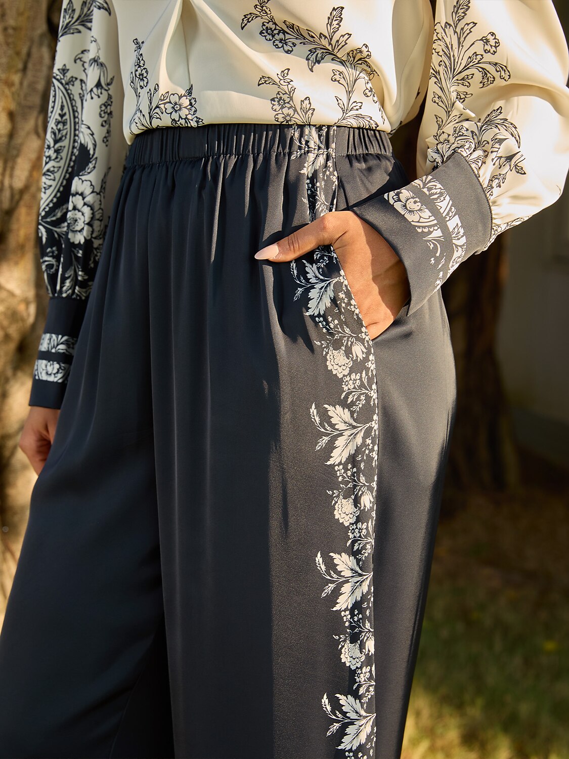 Noir Baroque Silky Satin Wide Leg Pants