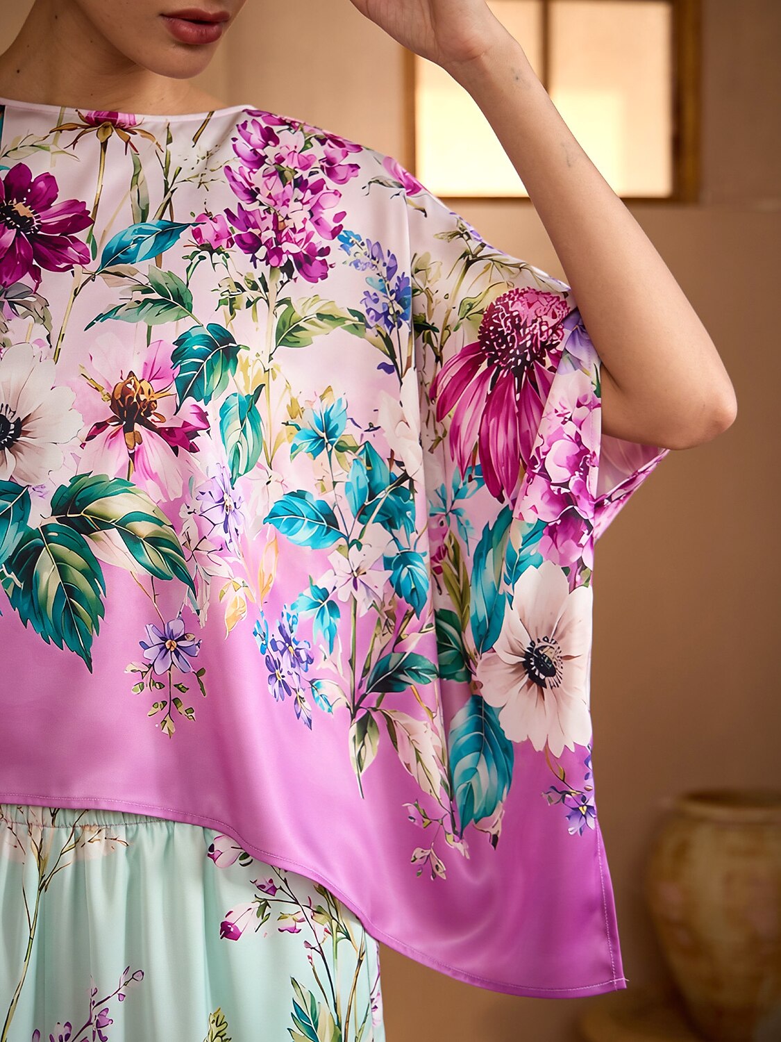 Pastel Garden Silky Satin Batwing Top