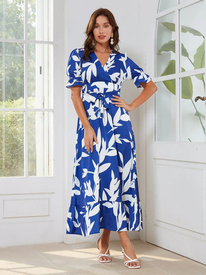Satin Floral Puff Sleeve Maxi Dress