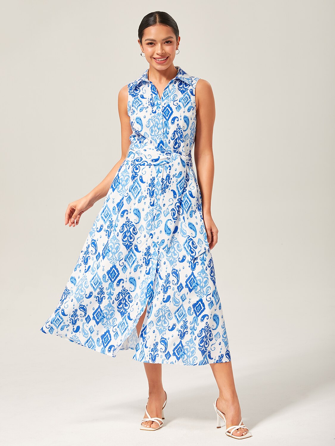 Monochrome Print Linen Like Shirt Midi  Dress