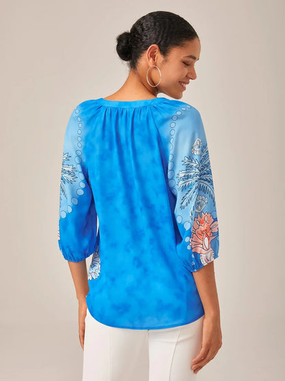 Vacation-Style Placement Print Pullover Chiffon Top