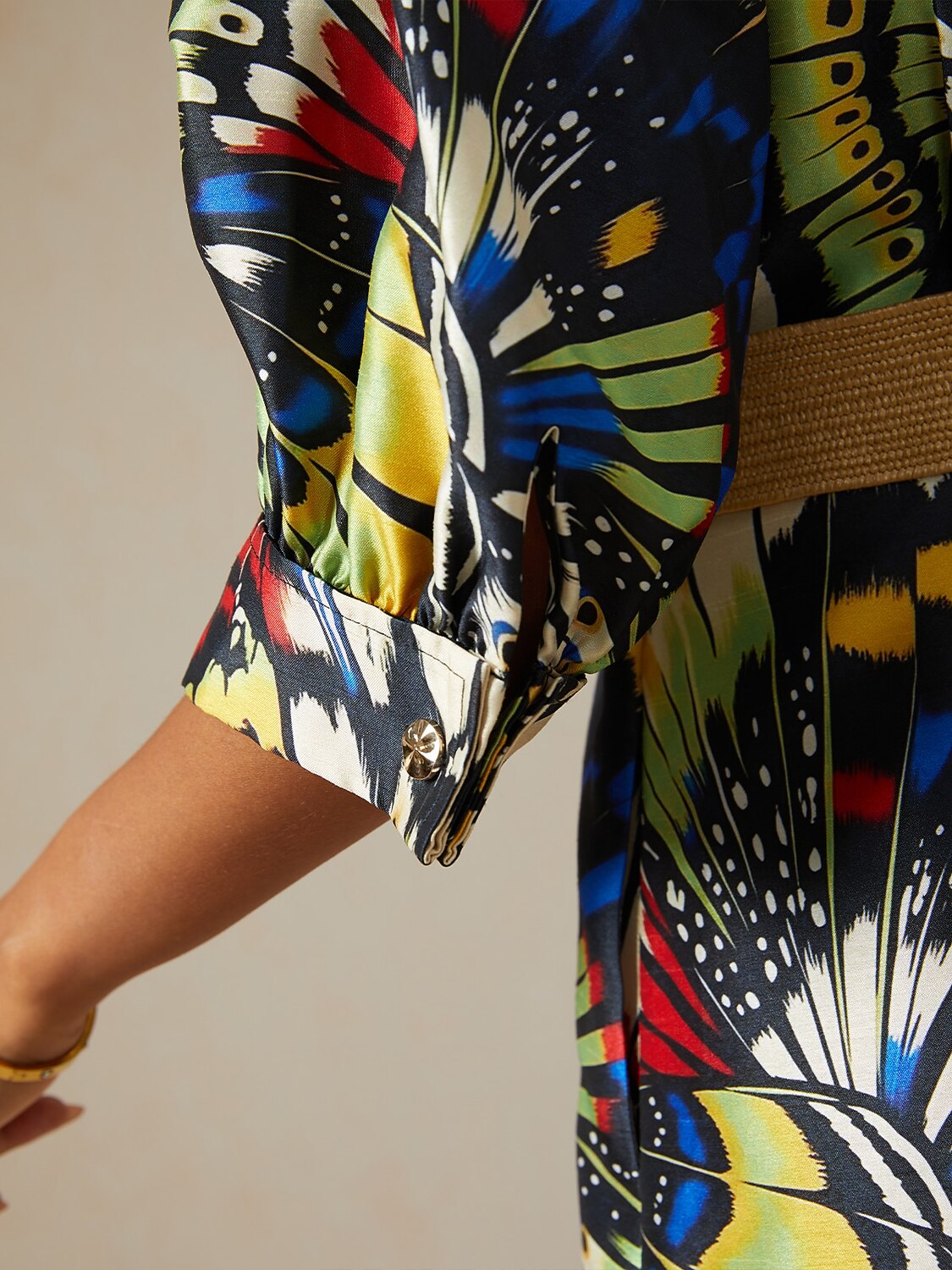 Jungle Butterfly Satin Trench-Style Maxi Dress