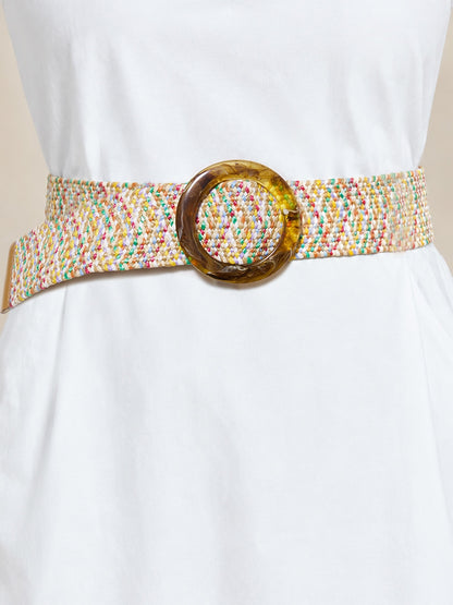 Colorful Stretch Straw Belt with Amber Buckle
