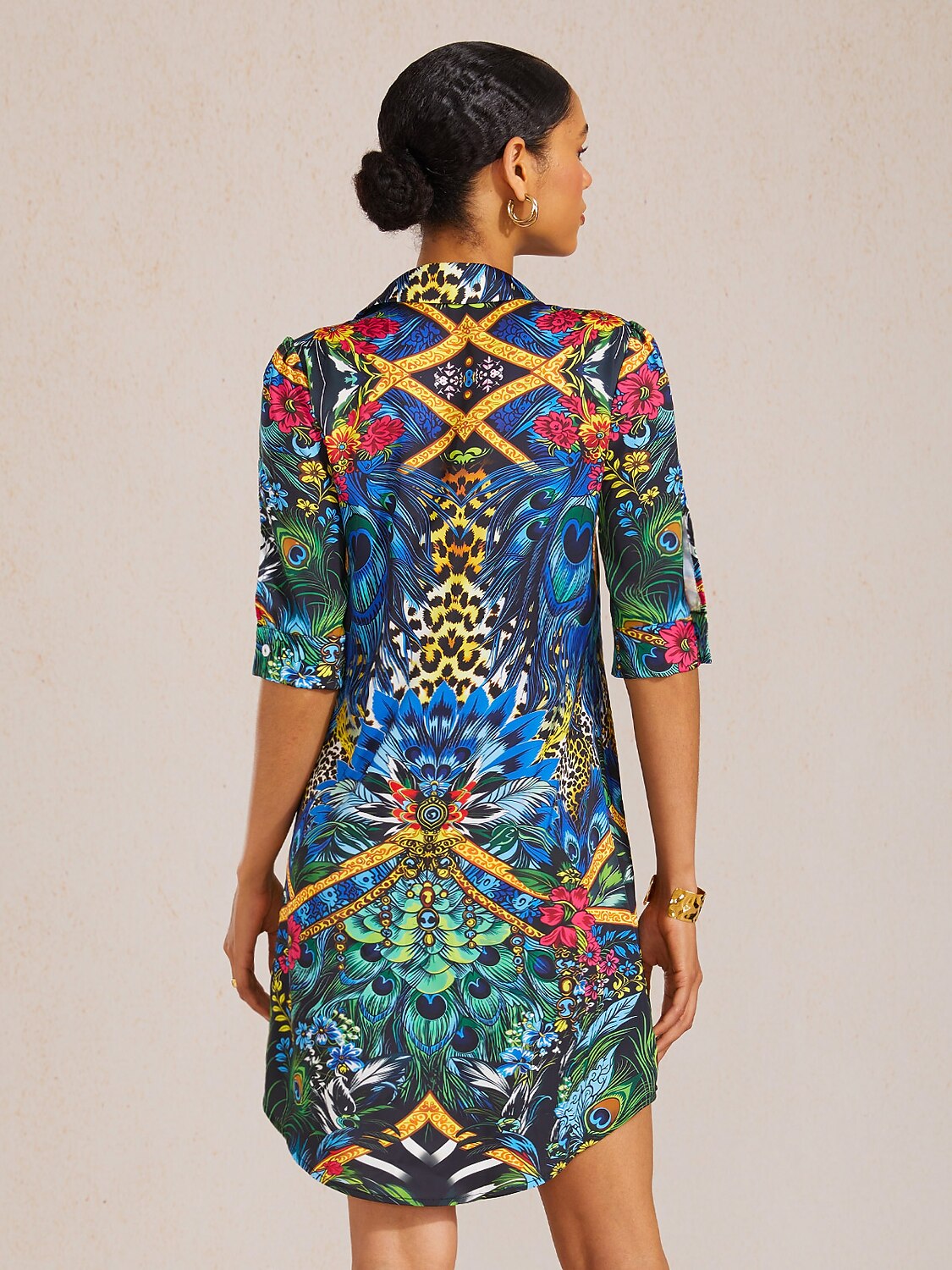 Vintage Leopard Jewelry Silky Satin Straight Shirt Dress
