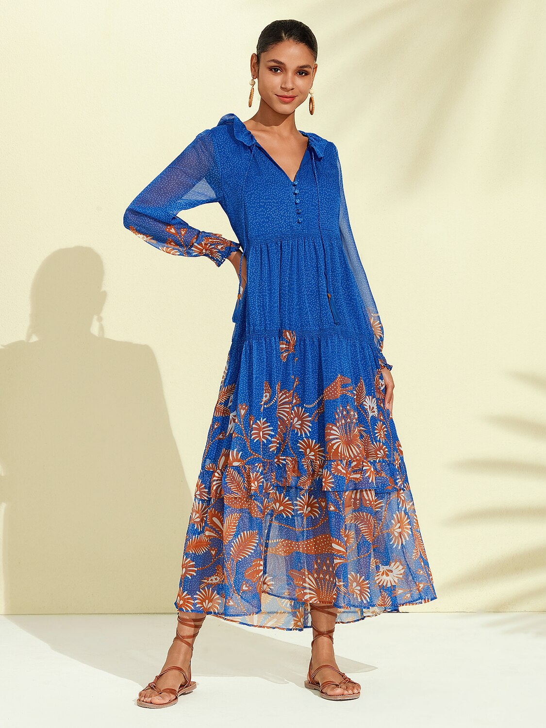 Chiffon Tropical Flowers Puff Sleeve Maxi Dress