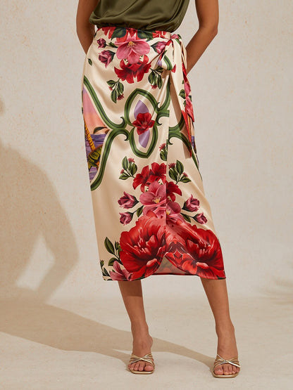 Hawaii Palm Silky Satin Wrap Skirt