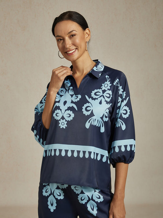 Blue Floral Print Shirt Collar Satin Blouse