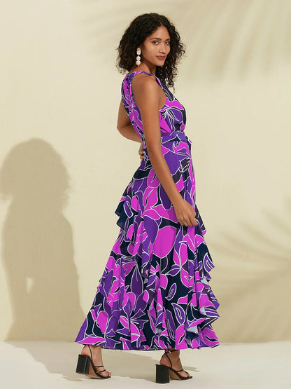 Chiffon Floral Print Halter Neck Ruffle Maxi Dress