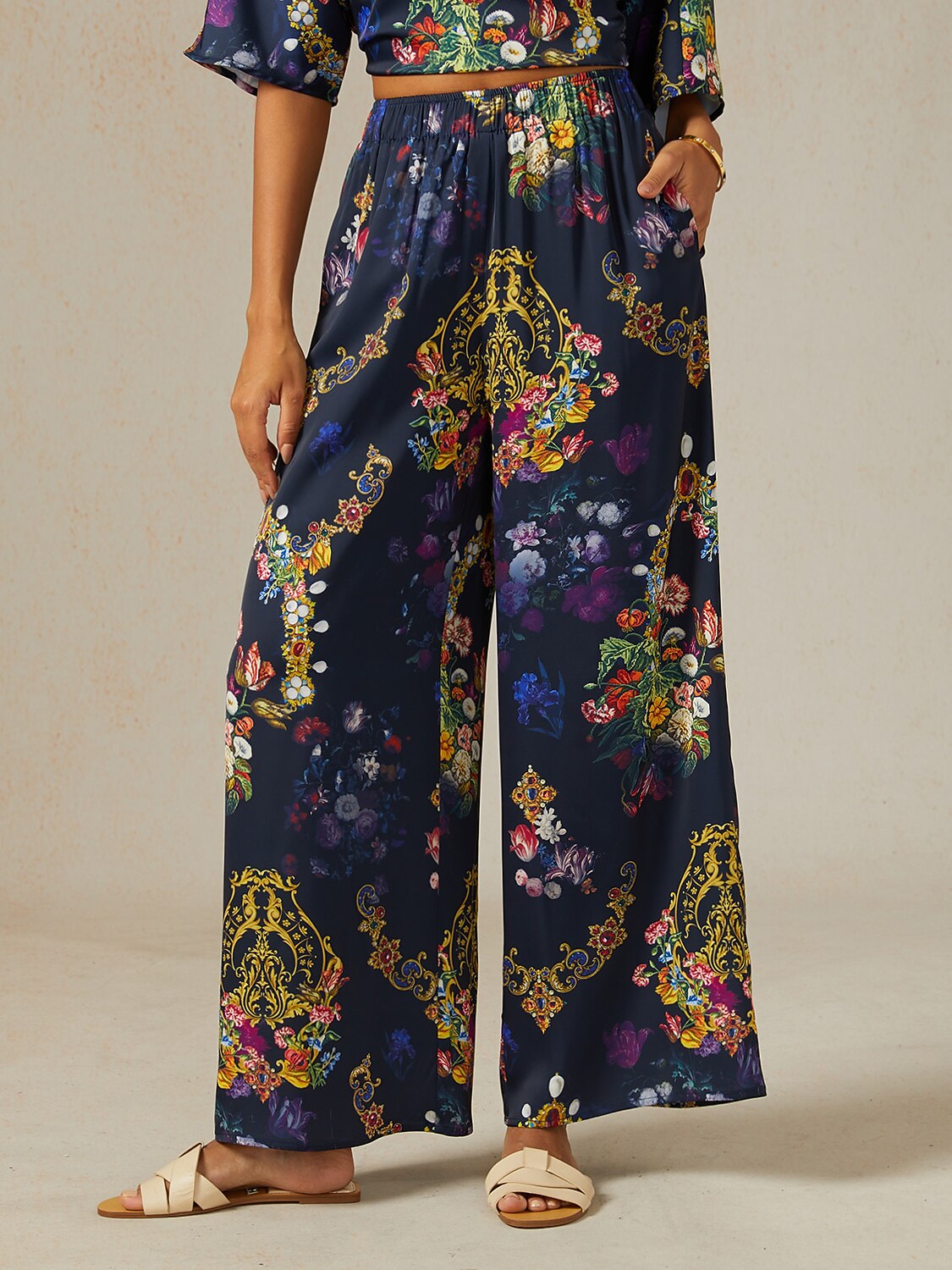 Midnight Jewel Bloom Silky Satin Wide Leg Pants